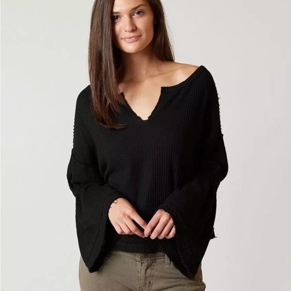 We The Free Dahlia Waffle Knit Thermal Bell Sleeve Oversized Top Size Medium - Picture 2 of 10